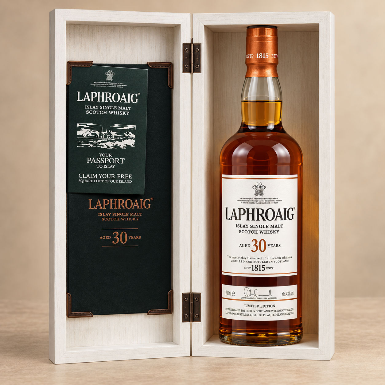 Laphroaig 30 Year Islay Single Malt Scotch Whisky bottle and presentation box at Liquor Castle